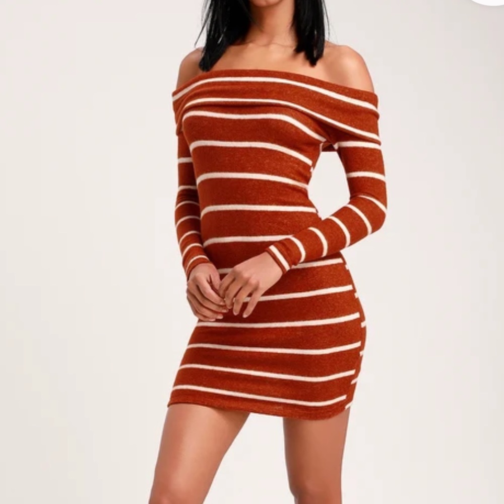 Lulu’s striped off the shoulder long sleeve knit dress NWOT